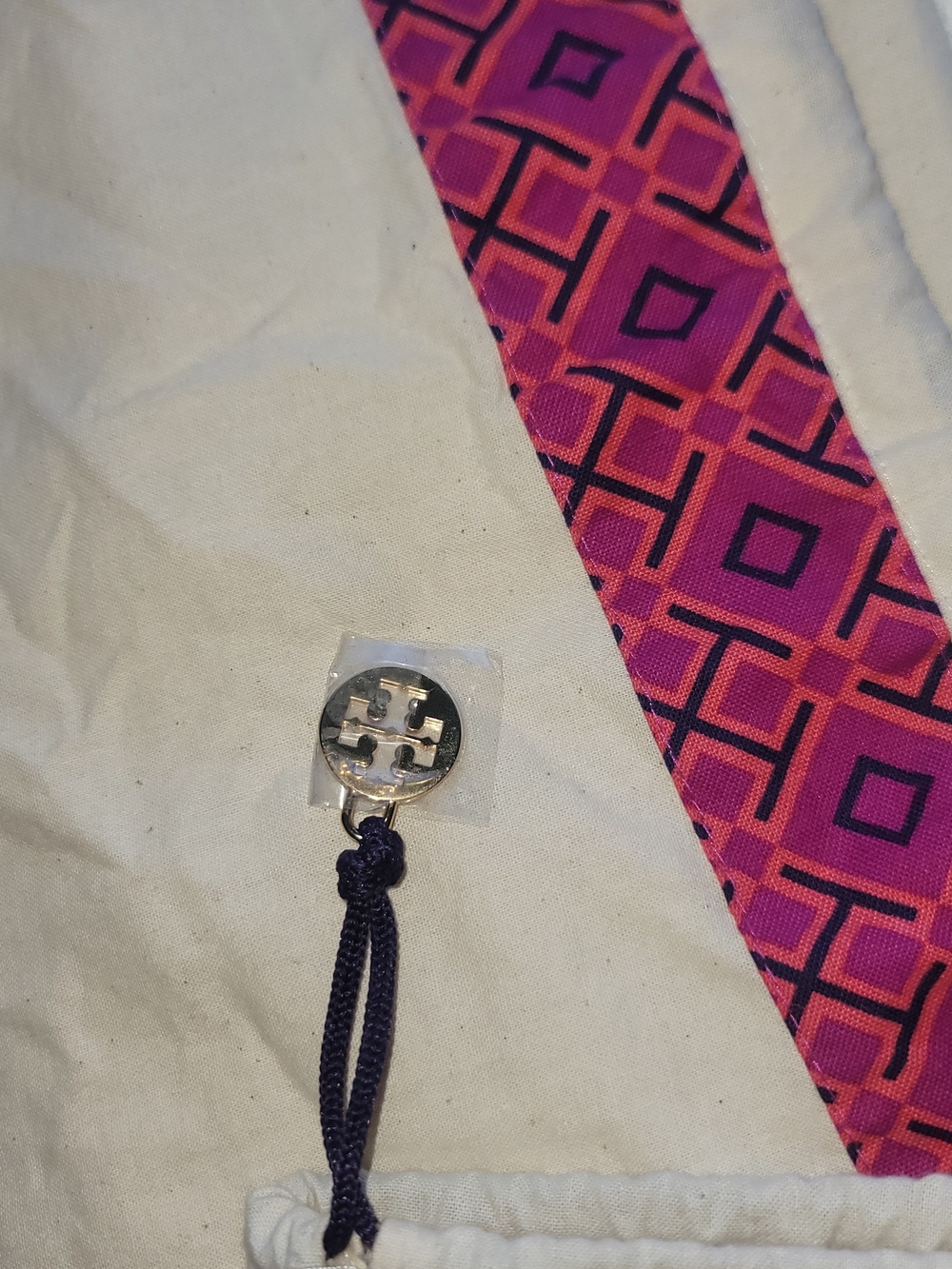 Large Tory Burch Cream Drawstring Dust Bag with Purple Geometric Trim
